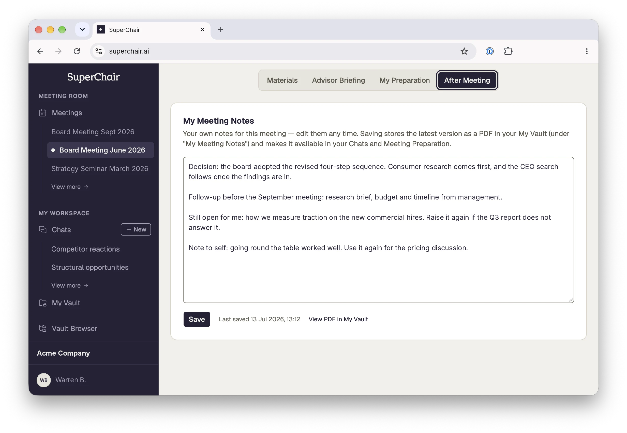After Meeting: the board member's own notes on decisions, follow-ups and open questions, saved to their private vault.