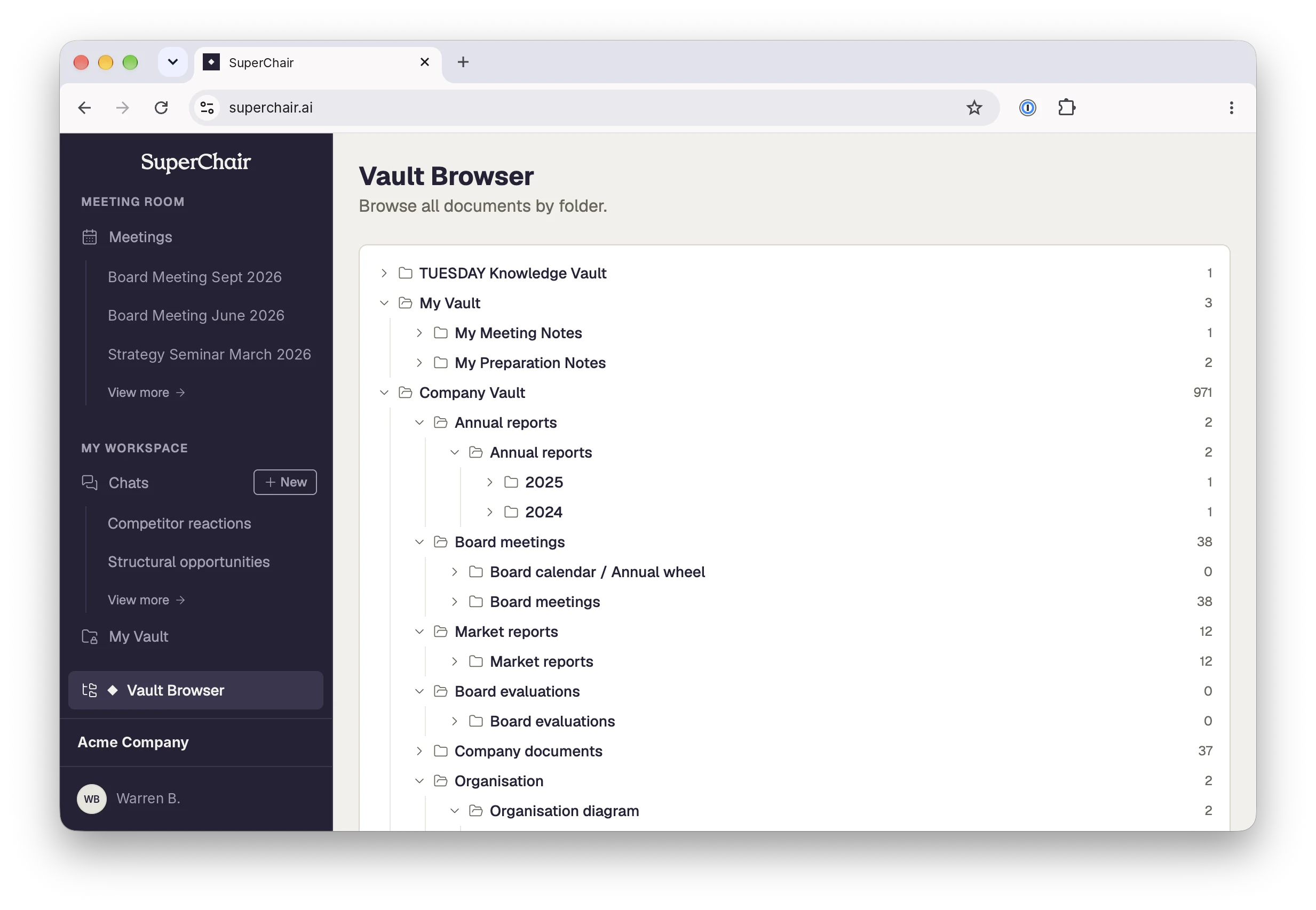 Vault Browser: the Company Vault organised into annual reports, board meetings, market reports, board evaluations and company documents, alongside My Vault and the TUESDAY Knowledge Vault.